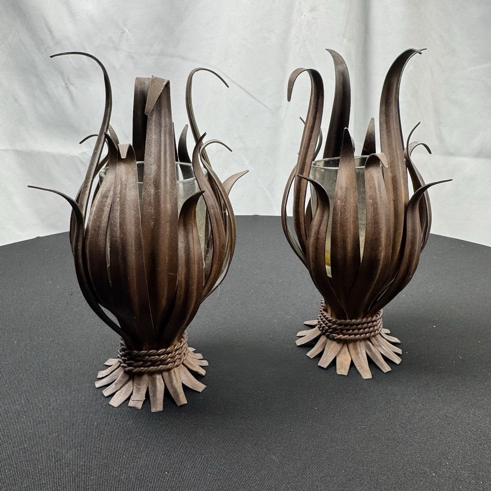 Vintage MCM Candle Holder Botanical Bronze Brown Iron Beautiful